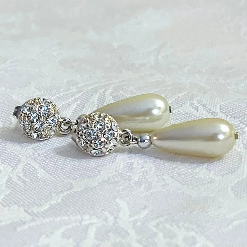 Vtg Rhinestone Faux Pearl Drop Dangling Earrings Bridal Formal Statement